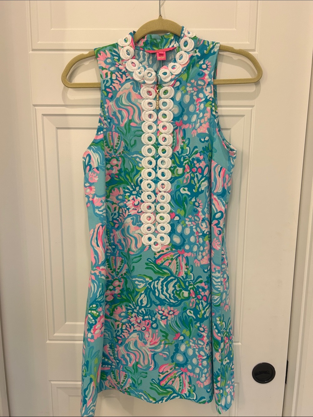 Lilly Pulitzer Aqua Floral Sleeveless Shift Dress with White Trim